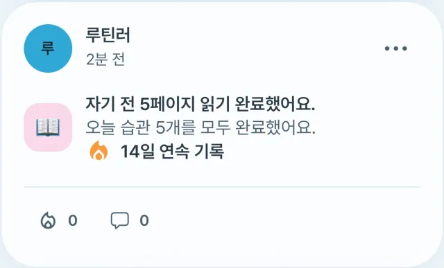 피드 카드. 자기 전 5페이지 읽기 완료했어요, 오늘 습관 5개를 모두 완료했어요, 14일 연속 기록이 적혀 있다