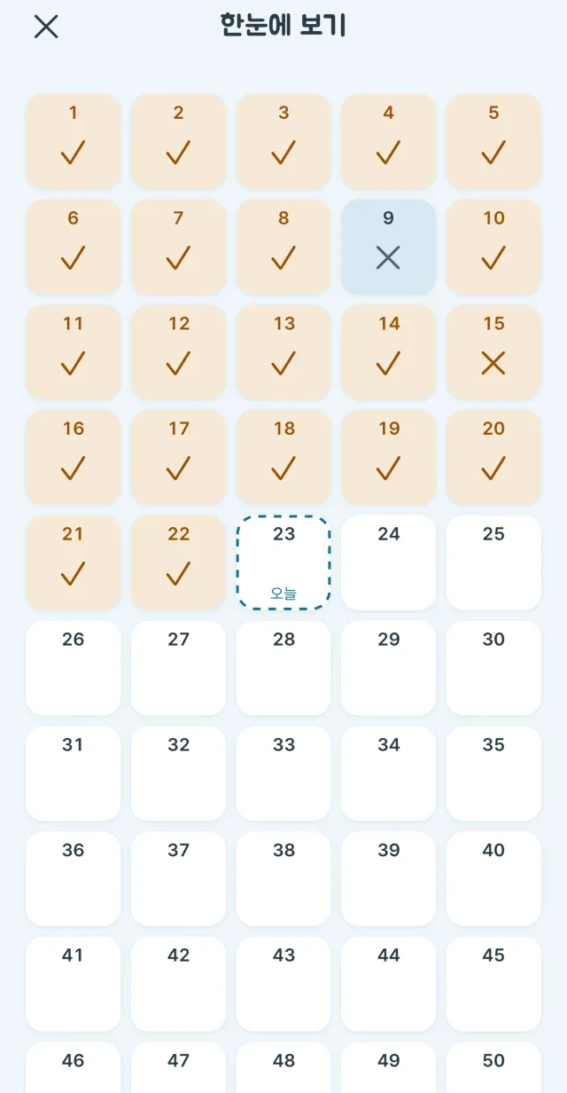 따의 한눈에 보기 화면. 번호 칸 가운데 지킨 날은 체크, 놓친 날은 X로 표시되고 23번째 칸에 오늘 표시가 있다